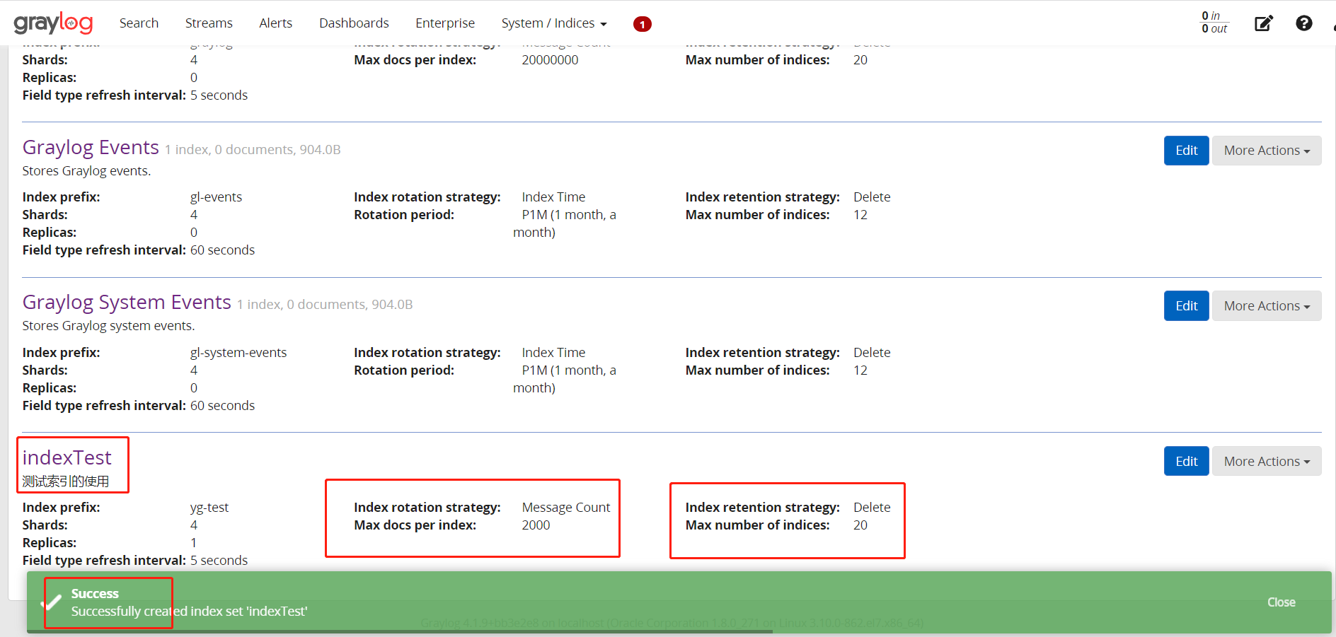 graylog+kafka+zookeeper（单机测试及源码），indices索引和streams流创建及使用，日志定期删除功能（九）